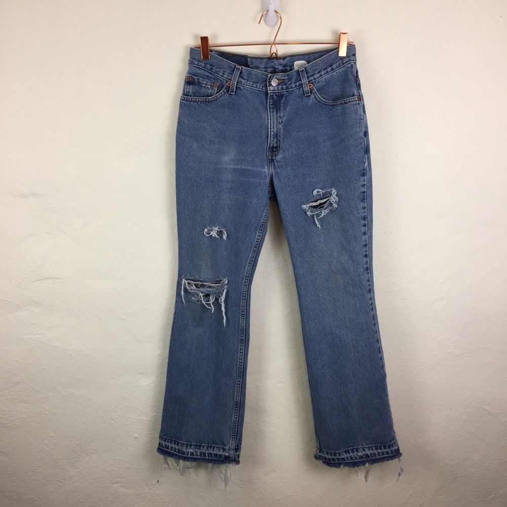 LEVIS 517 Slim Fit HIGH RISE Distressed BOOT CUT Raw Hem DENIM Blue JEANS 11